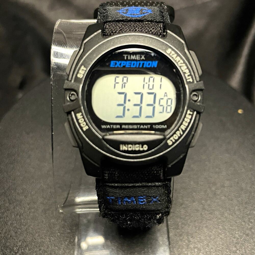 Timex Expedition Digital Indiglo Date 100m Black Nylon Hook-Loop Strap 34mm